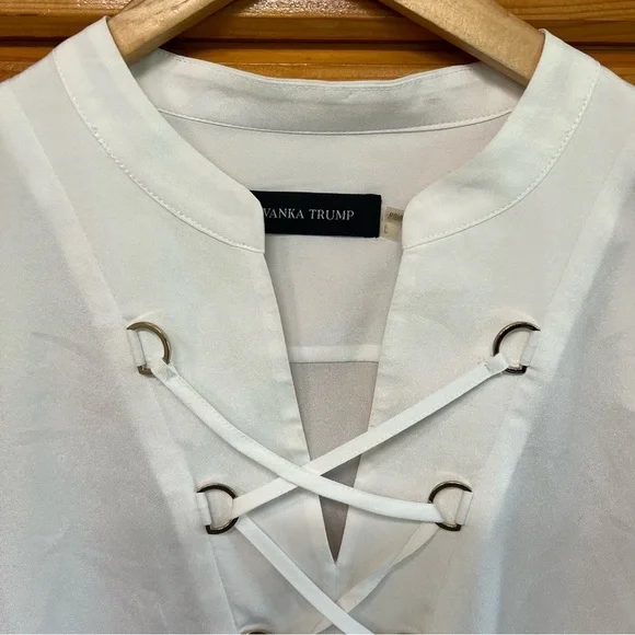 Ivanka Trump White Tie Golden Details Blouse with V Neck Mandarin Collar L - Picture 2 of 3